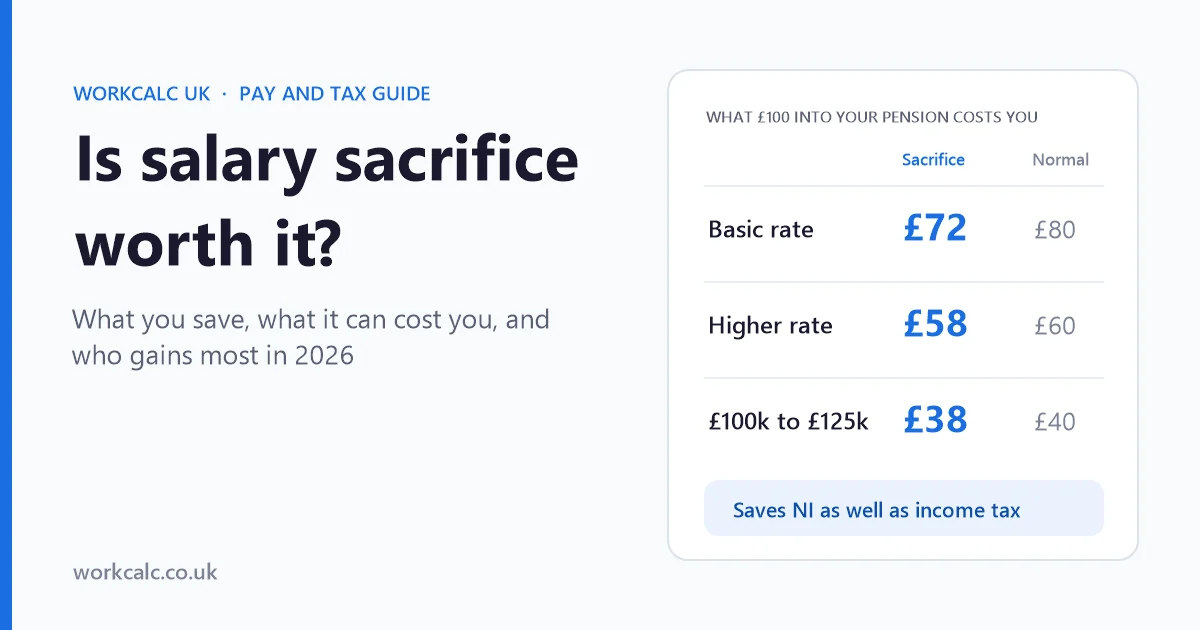 Is salary sacrifice worth it: £100 into your pension costs £72 through salary sacrifice at basic rate against £80 normally, £58 against £60 at higher rate, and £38 against £40 between £100,000 and £125,000